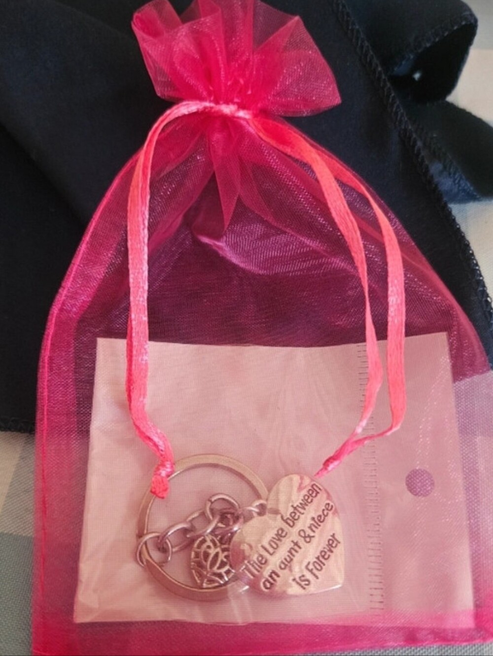 Heart Message Keychain in Pink Organza Bag